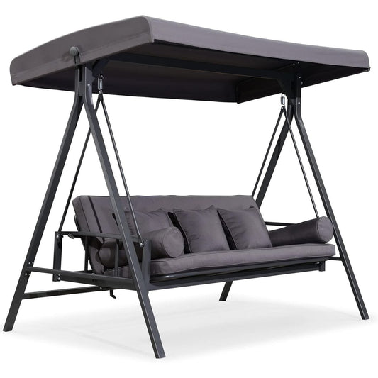 PURPLE LEAF 3-seat Outdoor Patio Porch Swing Adjustable Backrest, Cushions and Pillow Included